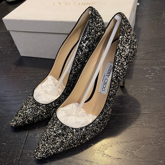 NEW Full Set JIMMY CHOO Coarse Star Glitter Romy 100 Pumps Gold Mix size 38.5 - Picture 1 of 8